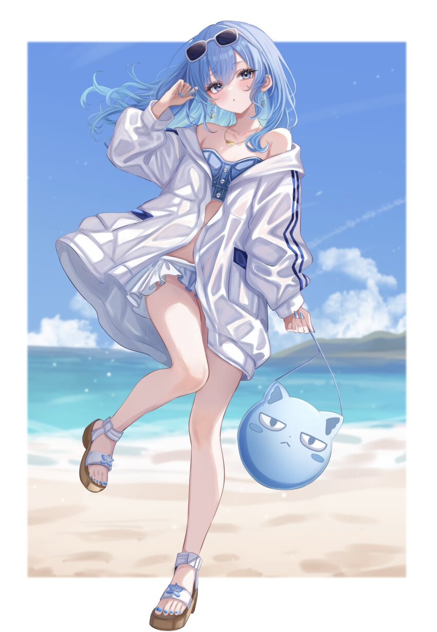 1girl :o bag beach bikini bikini_skirt blue_eyes blue_hair blue_nails blue_sky border cloud day earrings eyewear_on_head floating_hair full_body handbag highres holding holding_bag hololive hoshimachi_suisei jacket jewelry long_hair nail_polish necklace outdoors parted_lips sa-ya2 sandals sky solo standing standing_on_one_leg sunglasses swimsuit takoyaki_(hoshimachi_suisei) toenail_polish toenails virtual_youtuber white_border white_jacket