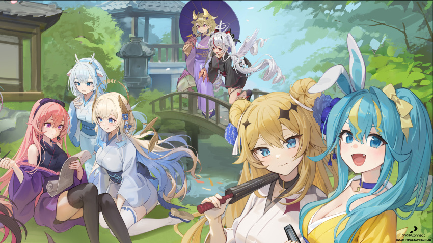 :d absurdres alternate_costume alternate_hairstyle animal_ears antlers aqua_hair architecture artist_request bare_shoulders bike_shorts black_choker black_kimono black_thighhighs blonde_hair blue_choker blue_eyes blue_flower blue_hair blue_kimono blue_ribbon bow breasts bridge cherry_blossoms choker circlet clawed_hands cleavage curled_ends day deer_girl donut_hair_bun double_bun dragon_girl dragon_horns east_asian_architecture fangs flower full_body grass grey_hair hair_bow hair_bun hair_flaps hair_flower hair_ornament hair_ribbon hairclip hakushika_iori hand_fan hand_on_own_face highres hikanari_hina holding holding_fan holding_scroll holding_umbrella horns japanese_clothes kaminari_clara kaneko_lumi kimono kimono_skirt kneeling long_hair looking_at_another looking_at_object looking_at_viewer lop_rabbit_ears magic_circle multicolored_hair multicolored_kimono obi official_art official_wallpaper okobo on_grass open_mouth out_of_frame paper_fan pavilion pedestrian_bridge phase_connect pink_eyes pink_hair platform_sandals pointy_ears print_kimono purple_eyes purple_kimono rabbit_ears reading remilia_nephys ribbon riverbank runie_ruse sandals sash scroll side_ponytail sitting sleeveless sleeveless_kimono smile standing stone_lantern streaked_hair stream swept_bangs tabi thighhighs thighs tree umbrella utatane_nasa very_long_hair virtual_youtuber white_kimono white_thighhighs wing_hair_ornament wooden_bridge writing yellow_bow yellow_horns yellow_kimono yukata