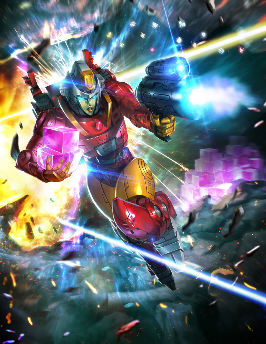 1girl artist_request autobot battle beam_rifle box_art building carrying carrying_under_arm crack cybertron damaged debris dirty energon energon_cube energy energy_beam energy_gun explosion firestar_(transformers) firing glowing glowing_eyes highres holding hologram insignia jumping laser lens_flare lips machinery mecha motion_blur official_art open_mouth promotional_art ray_gun realistic robot science_fiction sparks symbol transformers weapon