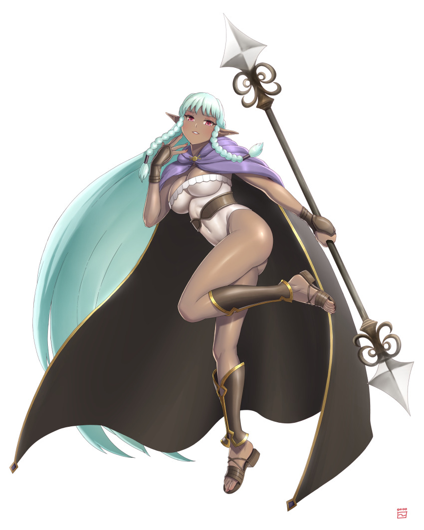 absurdres aqua_hair artist_logo ass black_cape braided_sidelocks breasts cape dark-skinned_female dark_skin elf finalcake full_body highres holding holding_polearm holding_weapon leotard logo long_hair looking_at_viewer parted_lips partially_translated pointy_ears polearm red_eyes rosalinde_(unicorn_overlord) simple_background translation_request unicorn_overlord weapon white_background white_leotard