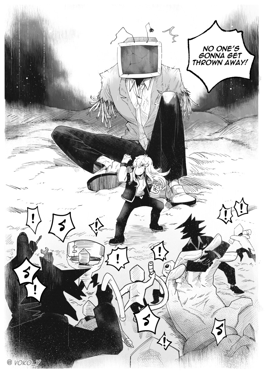 1girl absurdres amputee ant_tenna antennae armless_amputee armlet bracelet cable crt deltarune freckles furry furry_female greyscale highres injury jewelry long_hair missing_limb monochrome necktie object_head pants pippins_(deltarune) reptile_girl shadowguy_(deltarune) shirt shoes speech_bubble susie_(dark_world)_(deltarune) susie_(deltarune) vest vokoy zapper_(deltarune)