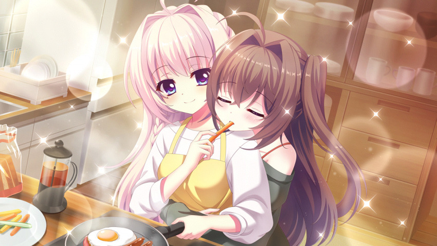2girls ahoge apron black_shirt blonde_hair blue_eyes bowl braid breasts brown_hair cabinet closed_eyes closed_mouth cooking crown_braid cup dot_nose dutch_angle feeding film_grain food fried_egg frying_pan game_cg hair_intakes holding holding_frying_pan hug hug_from_behind indoors izumi_tsubasu kitchen lens_flare long_hair medium_breasts mole mole_under_eye mug multiple_girls non-web_source off-shoulder_shirt off_shoulder official_art one_side_up plate re:stage! refrigerator sausage shikimiya_aone shiratori_amaha_(re:stage!) shirt sink smile spaghetti_strap sparkle stove white_shirt wooden_floor yellow_apron yuri
