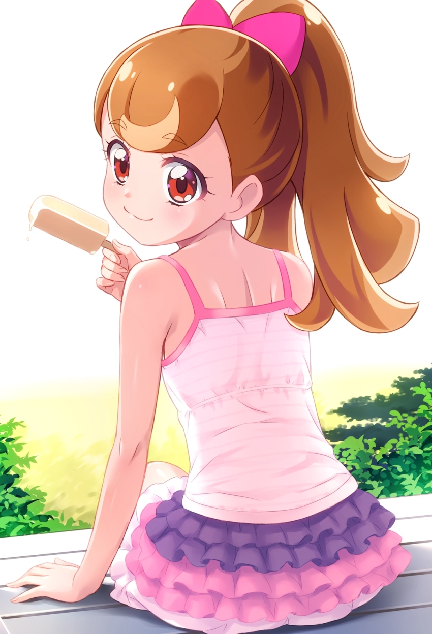 1girl brown_hair camisole closed_mouth commentary_request day food frilled_skirt frills from_behind highres holding holding_food holding_popsicle inukai_komugi layered_skirt long_hair looking_at_viewer looking_back mini_koala miniskirt multicolored_skirt outdoors partial_commentary pink_skirt popsicle precure purple_skirt red_eyes sitting skirt sky smile solo split_ponytail white_camisole white_sky wonderful_precure!