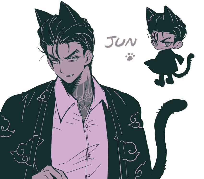 1boy animal_ears anzekeye buttons cat_ears cat_tail character_name cloud_print cloud_tattoo coat coat_on_shoulders collared_shirt greyscale hair_slicked_back highres jun_(project_moon) limbus_company looking_at_viewer monochrome multiple_views project_moon shirt tail tattoo