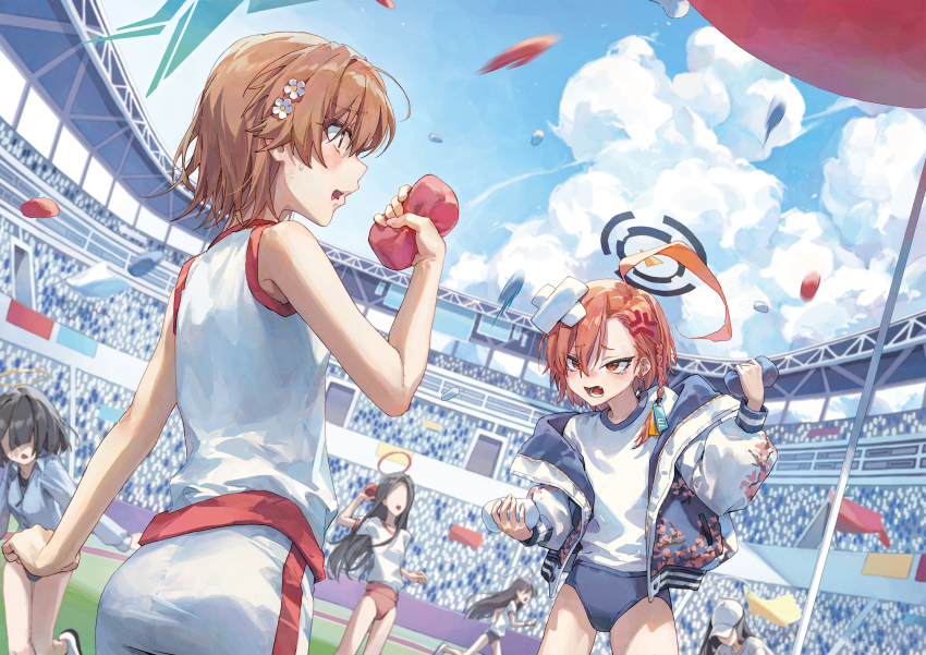 6+girls absurdres ahoge angry ass bandaid blue_archive braid brown_eyes brown_hair crowd gym_uniform hair_ornament hairpin highres jacket misaka_mikoto multiple_girls neru_(blue_archive) nyamunyamu open_clothes open_jacket outdoors red_eyes shirt shorts sleeveless sleeveless_shirt sports_festival stadium toaru_kagaku_no_railgun toaru_majutsu_no_index tokiwadai_school_gym_uniform white_shirt white_shorts
