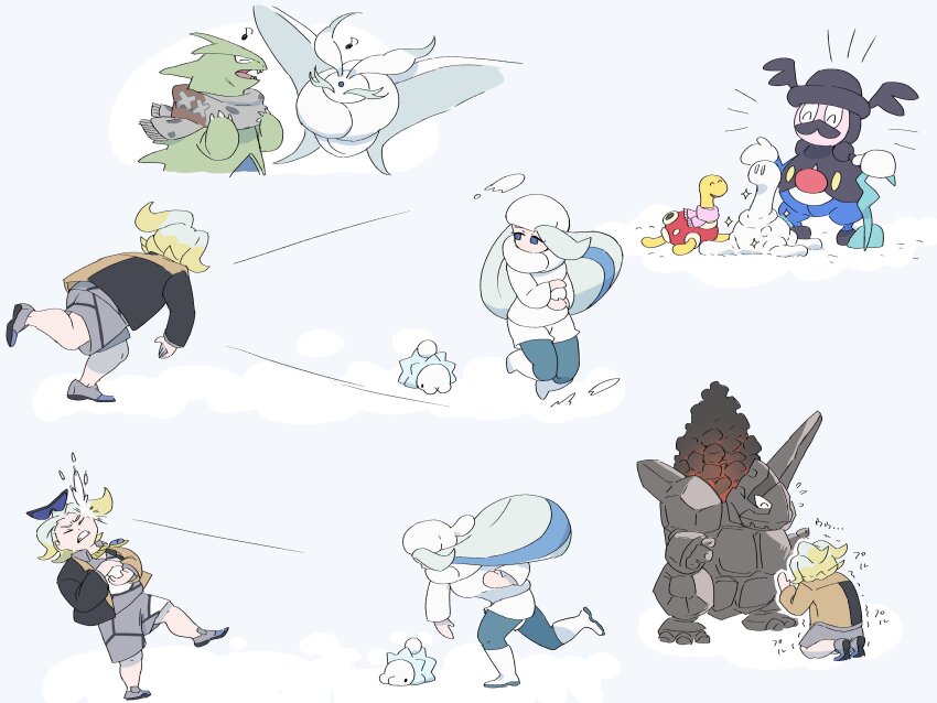 1boy 1girl absurdres blonde_hair clenched_teeth closed_eyes coalossal commentary_request fangs frosmoth game_freak gen_2_pokemon gen_8_pokemon gordie_(pokemon) grey_footwear grey_shorts highres jacket kneeling melony_(pokemon) mira_(miramita8727) mother_and_son motion_lines mr._rime multiple_views musical_note nintendo open_mouth pokemon pokemon_(creature) pokemon_swsh scarf shoes shorts shuckle simple_background snom snowball snowball_fight teeth throwing trembling tyranitar white_background