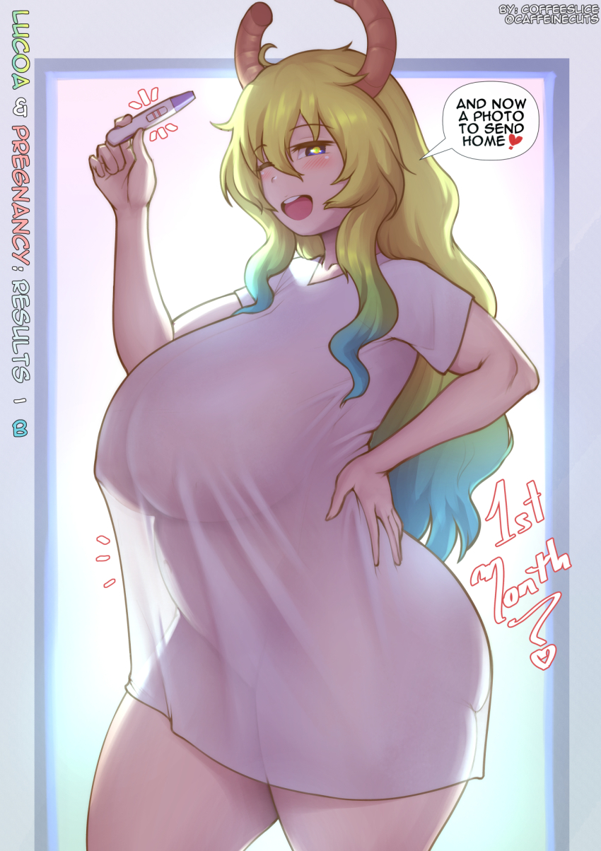 1girl blonde_hair blue_hair blush bottomless breasts cleavage coffeeslice covered_erect_nipples curvy female_focus hand_on_own_hip highres horns huge_breasts kobayashi-san_chi_no_maidragon long_hair looking_at_viewer lucoa_(maidragon) multicolored_hair one_eye_closed plump pregnancy_test pregnant see-through_clothes see-through_shirt shirt solo speech_bubble thick_thighs thighs two-tone_hair