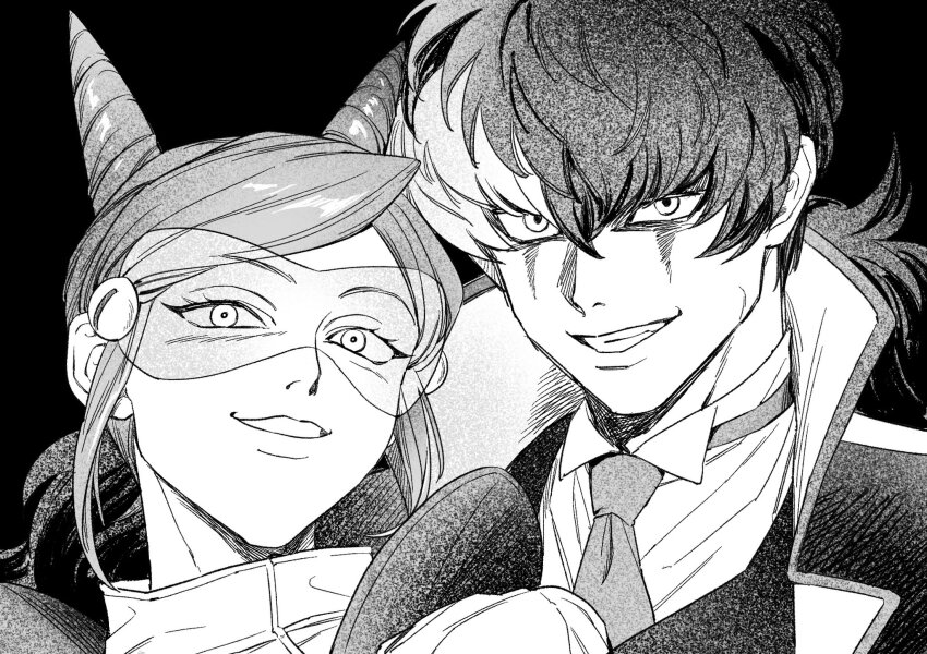 1boy 1girl ace_attorney aura_blackquill brother_and_sister chapssal_17 collared_shirt drill_hair facial_mark greyscale grin high_collar highres jacket korean_commentary long_hair monochrome multicolored_hair necktie phoenix_wright:_ace_attorney_-_dual_destinies portrait shirt short_hair siblings simon_blackquill smile streaked_hair teeth