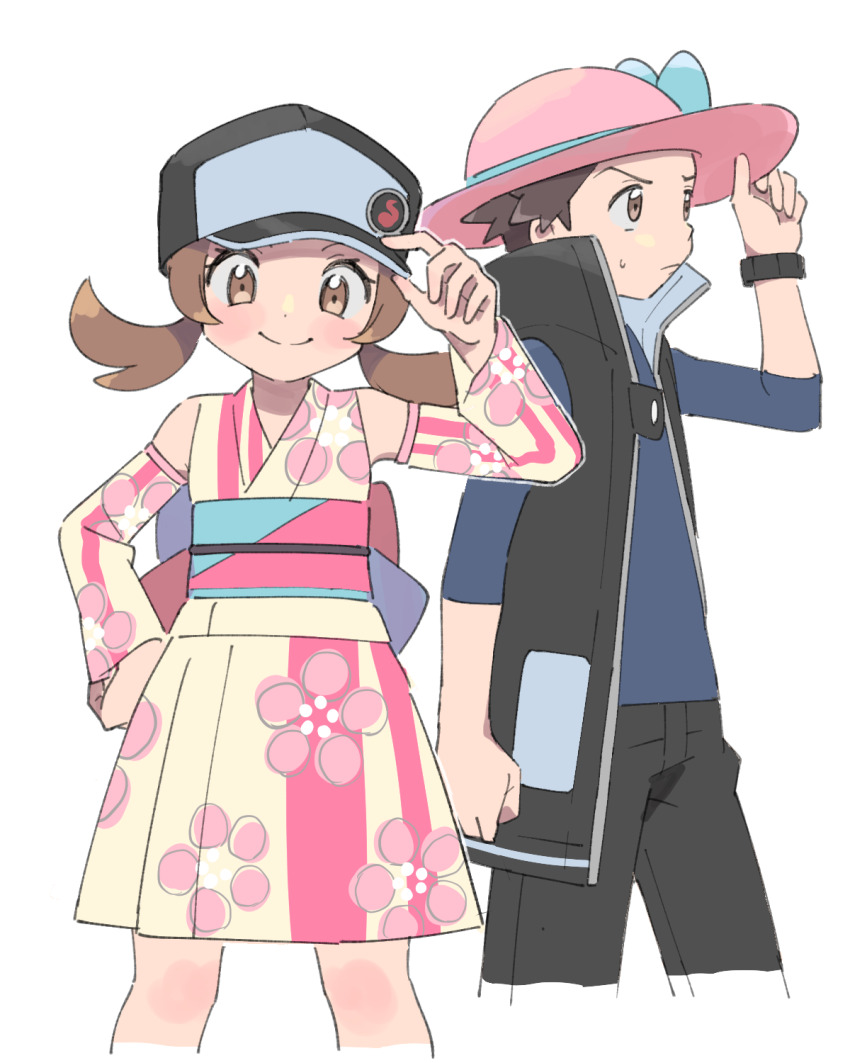 1boy 1girl black_vest blue_hat blue_shirt commentary_request cropped_legs frown game_freak hand_on_own_hip hat headwear_switch highres japanese_clothes kimono lyra_(pokemon) lyra_(summer_2020)_(pokemon) nintendo official_alternate_color pink_hat pokemon pokemon_masters_ex pumpkinpan red_(pokemon) red_(sygna_suit)_(pokemon) shirt short_kimono smile twintails vest