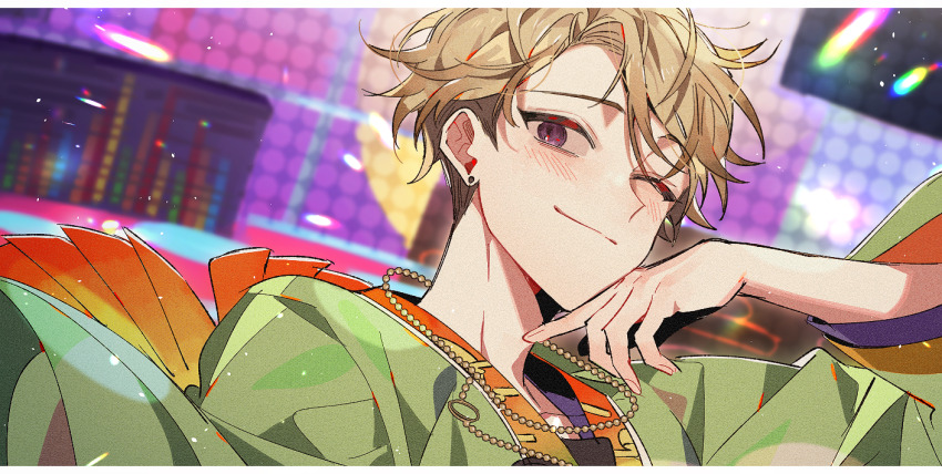 1boy anight blonde_hair blurry blurry_background blush closed_mouth ear_piercing ensemble_stars! getto_spectacle_(ensemble_stars!) hand_on_own_chin index_finger_raised light_particles narukami_arashi official_alternate_costume one_eye_closed parted_bangs piercing purple_eyes smile upper_body