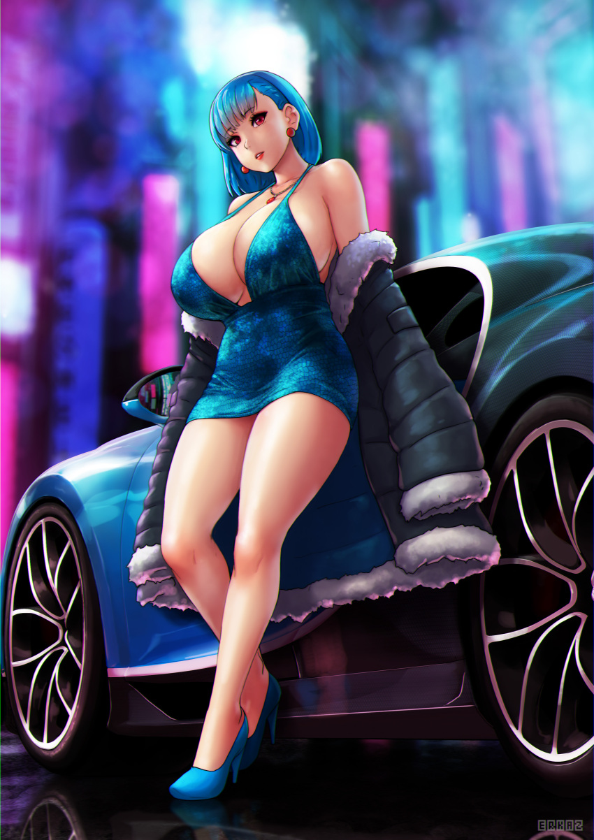 1girl absurdres bare_shoulders blue_dress blue_footwear blue_hair blurry blurry_background bob_cut breasts bugatti bugatti_chiron car city city_lights cityscape cleavage coat dress earrings erkaz evening_gown from_below full_body fur_collar fur_trim halter_dress halterneck high_heels highres huge_breasts jewelry legs looking_at_viewer looking_down medium_hair minidress motor_vehicle necklace night off_shoulder original outdoors parted_lips plunging_neckline red_eyes revealing_clothes rina_atherina short_dress solo standing thighs unworn_coat veins veiny_breasts