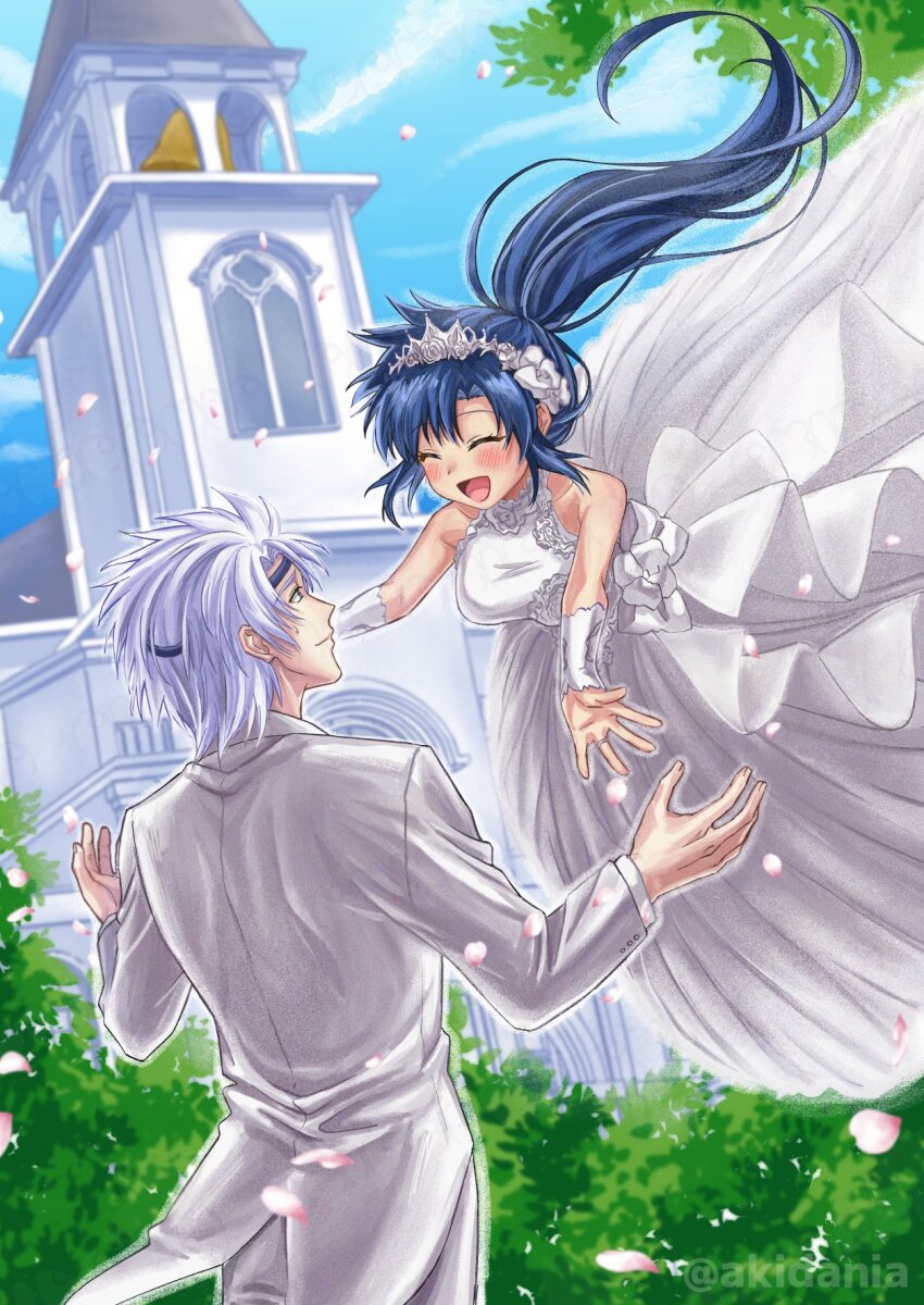 1boy 1girl alternate_costume blue_hair bride church church_bell closed_eyes day dress galaxy_angel genderswap genderswap_(mtf) groom highres husband_and_wife kitaru lester_coolduras long_hair open_mouth ponytail short_hair smile takuto_meyers white_dress
