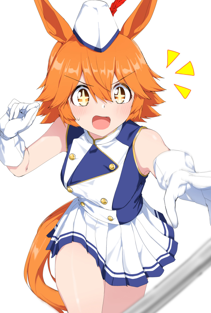 +_+ 1girl absurdres animal_ears breasts commentary_request garrison_cap gloves hair_between_eyes hat highres horse_ears horse_girl horse_tail matikanefukukitaru_(umamusume) medium_breasts nerukichikatafukuma orange_hair pleated_skirt shirt short_hair skirt sleeveless sleeveless_shirt solo tail thighs umamusume white_gloves white_hat white_skirt yellow_eyes