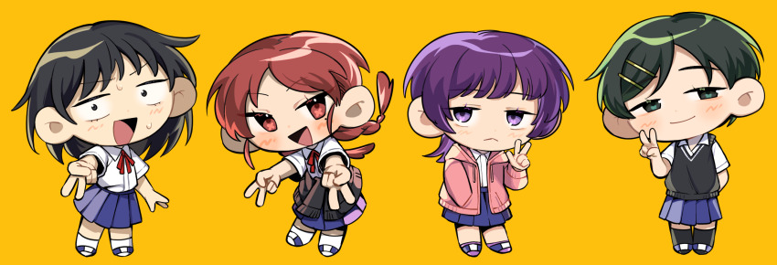 4girls :d arm_behind_back black_hair blue_skirt blush braided_twintails chibi chibi_only clothes_around_waist collared_shirt commentary_request double_v fujii_ayame futsuu_no_keion-bu green_eyes green_hair hair_ornament hairpin hand_in_pocket hatono_chihiro heart heart-shaped_pupils heartbreak_(futsuu_no_keion-bu) highres hood hoodie jacket jacket_around_waist kouyama_rin large_ears light_smile medium_hair multiple_girls open_clothes open_jacket open_mouth pink_hoodie pixie_cut pleated_skirt purple_eyes purple_hair red_eyes red_hair red_ribbon ribbon rra_(yj) school_uniform shirt short_hair side_ahoge skirt smile sweater_vest symbol-shaped_pupils uchida_momo v white_shirt wolf_cut yellow_background