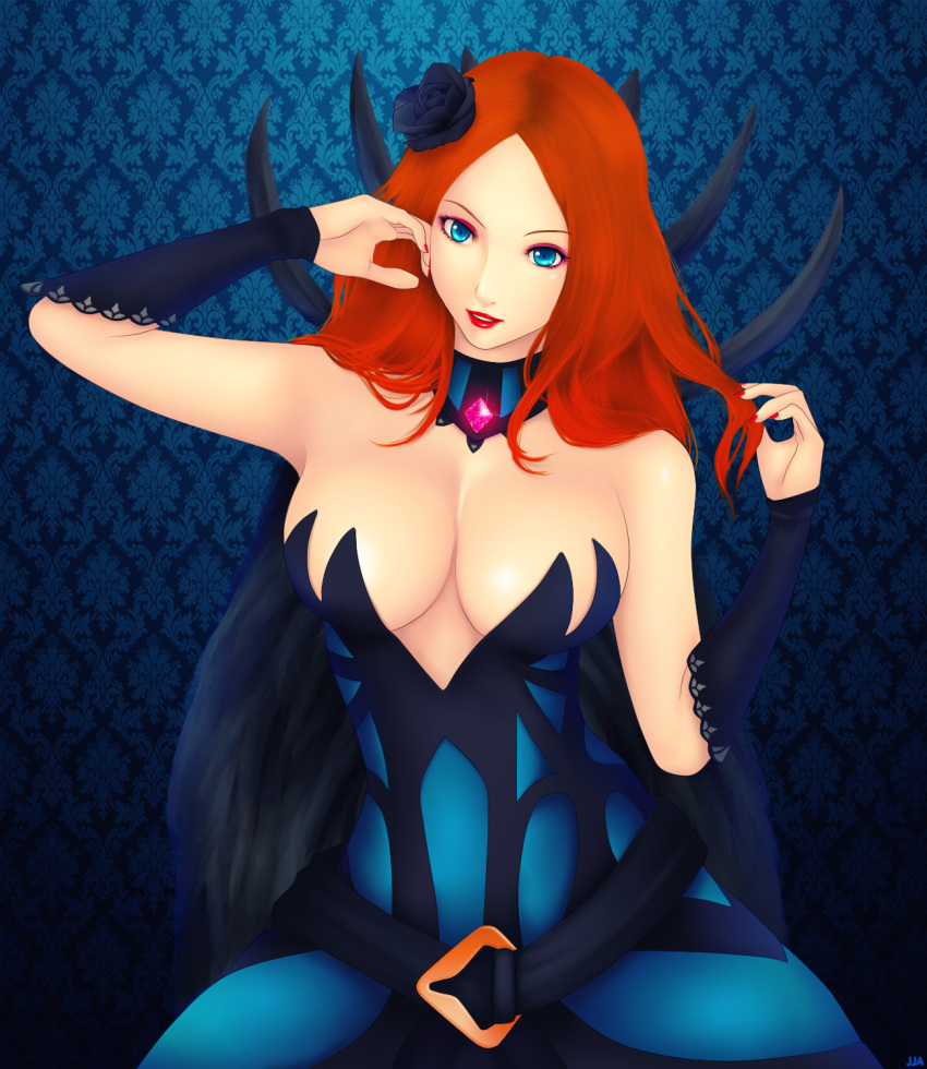 1girl belt blue_eyes breasts cape empath empath_(hon) feathers female_focus flower hair_ornament heroes_of_newerth highres khalitzburg_(user_2274420) large_breasts looking_at_viewer red_hair rose solo