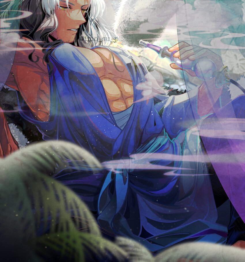 1boy abs black_hair blurry blurry_foreground facial_hair highres hookah imo_su_p male_focus multicolored_hair pectorals pixiv_fantasia pixiv_fantasia_age_of_starlight smoke solo stubble two-tone_hair yellow_eyes