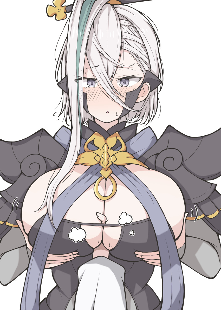1girl 1other absurdres arm_between_breasts armor azuki_(ne_4zk) between_breasts breastplate breasts cleavage fate/grand_order fate_(series) grabbing_another&#039;s_breast grey_eyes grey_leotard groping hair_between_eyes hair_ornament hair_stick highres huyan_zhuo_(fate) huyan_zhuo_(third_ascension)_(fate) large_breasts leotard long_hair long_sleeves looking_at_viewer multicolored_hair pauldrons shoulder_armor solo streaked_hair white_hair