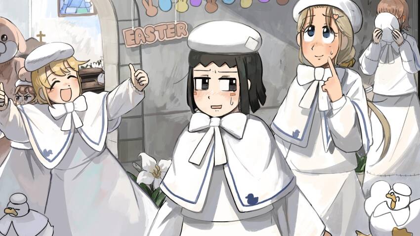 6+girls :d angular_nun_(diva) animal_costume bird black_hair blonde_hair blue_eyes blush brown_eyes brown_hair bunny_nun_(diva) chicken closed_eyes clumsy_nun_(diva) commentary covering_face cross diva_(hyxpk) duck ear_blush easter embarrassed english_commentary eyelashes eyelashes_nun_(diva) flower froggy_nun_(diva) hat highres little_nuns_(diva) long_hair multiple_girls open_mouth rabbit_costume robe short_hair shy_nun_(diva) smile thumbs_up white_hat white_robe