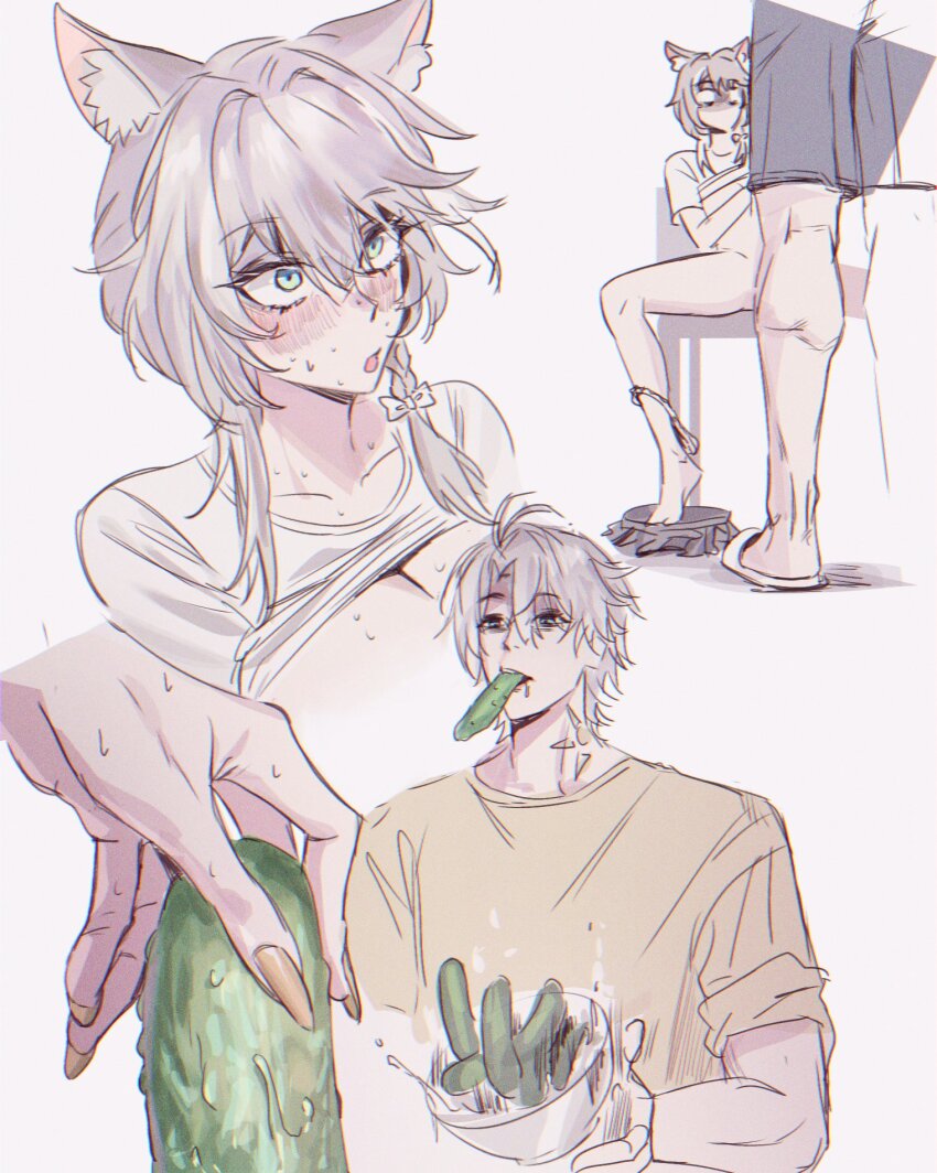 1boy 1girl animal_ear_fluff animal_ears blue_eyes blush bowl breasts cat_ears cat_girl cipher_(honkai:_star_rail) clothes_lift clothes_pull cucumber food gnarlypzofbread grey_hair grey_shorts hetero highres holding holding_bowl holding_food holding_vegetable honkai:_star_rail honkai_(series) imminent_penetration multiple_views open_mouth panties panties_around_leg phainon_(honkai:_star_rail) shirt shirt_lift short_hair shorts simple_background skirt skirt_pull slippers spread_legs underwear vegetable white_background white_hair white_shirt yellow_shirt