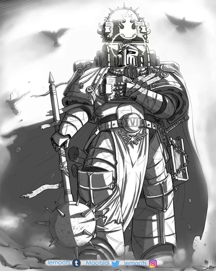 1boy absurdres adeptus_astartes alternate_universe animal armor armored_boots belt bird book boots breastplate chain cloak commentary cross cross_ornament english_commentary fire_ornament flying full_armor full_body gauntlets greaves greyscale halo hand_on_own_chest helmet highres holding holding_mace holding_weapon imperial_aquila instagram_logo instagram_username light_persona looking_to_the_side mace male_focus monochrome mootslol pauldrons pelvic_curtain pigeon power_armor purity_seal roman_numeral scabbard science_fiction scroll sheath shoulder_armor spiked_halo spiked_mace spikes squinting sunlight tube tumblr_logo tumblr_username twitter_logo twitter_username vambraces warhammer_40k weapon white_background white_eyes word_bearers