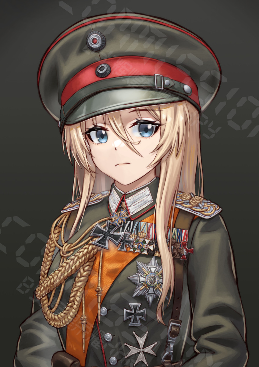 1girl absurdres aiguillette azur_lane bismarck_(azur_lane) blonde_hair blue_eyes closed_mouth commission cross epaulettes hat highres huihuang_rongyao iron_cross long_bangs looking_at_viewer medal military_uniform peaked_cap solo upper_body watermark