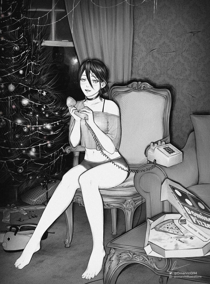 1girl absurdres barefoot bra_strap chainsaw_man choker christmas_tree commentary curtains dolphin_shorts domino&#039;s_pizza food full_body greyscale groin hair_between_eyes highres holding holding_phone instagram_username marvin_(omarvin) midriff monochrome navel objectification off-shoulder_shirt off_shoulder parted_lips phone pizza pizza_box pizza_slice pochita_(chainsaw_man) reze_(chainsaw_man) shirt short_shorts shorts signature slippers smile solo twitter_username window