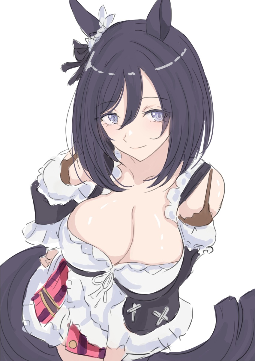 1girl absurdres animal_ears apron black_hair black_sleeves blue_eyes blush bob_cut breasts cleavage closed_mouth collarbone commentary_request detached_sleeves dirndl ear_ornament ear_scrunchie eishin_flash_(meisterschaft)_(umamusume) eishin_flash_(umamusume) german_clothes hair_between_eyes highres horse_ears horse_girl horse_tail ken_(shutenndouji1) large_breasts long_sleeves looking_at_viewer red_skirt scrunchie shirt short_hair simple_background skirt smile solo striped_clothes striped_skirt swept_bangs tail umamusume vertical-striped_clothes vertical-striped_skirt white_apron white_background white_scrunchie white_shirt