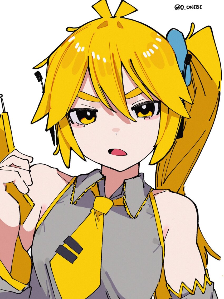 0_onibi 1girl akita_neru antenna_hair armpits bare_shoulders blonde_hair cellphone collared_shirt detached_sleeves flip_phone grey_shirt hand_up highres holding holding_phone looking_at_viewer necktie open_mouth phone shirt short_necktie side_ponytail sim solo twitter_username upper_body v-shaped_eyebrows vocaloid white_background yellow_eyes yellow_necktie