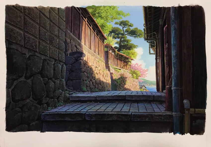 blue_sky border building cloud commentary day english_commentary industrial_pipe nishikawa_youichi no_humans onomichi_(city) original outdoors painting_(medium) real_world_location scenery shade shadow sky stone_wall traditional_media tree white_border