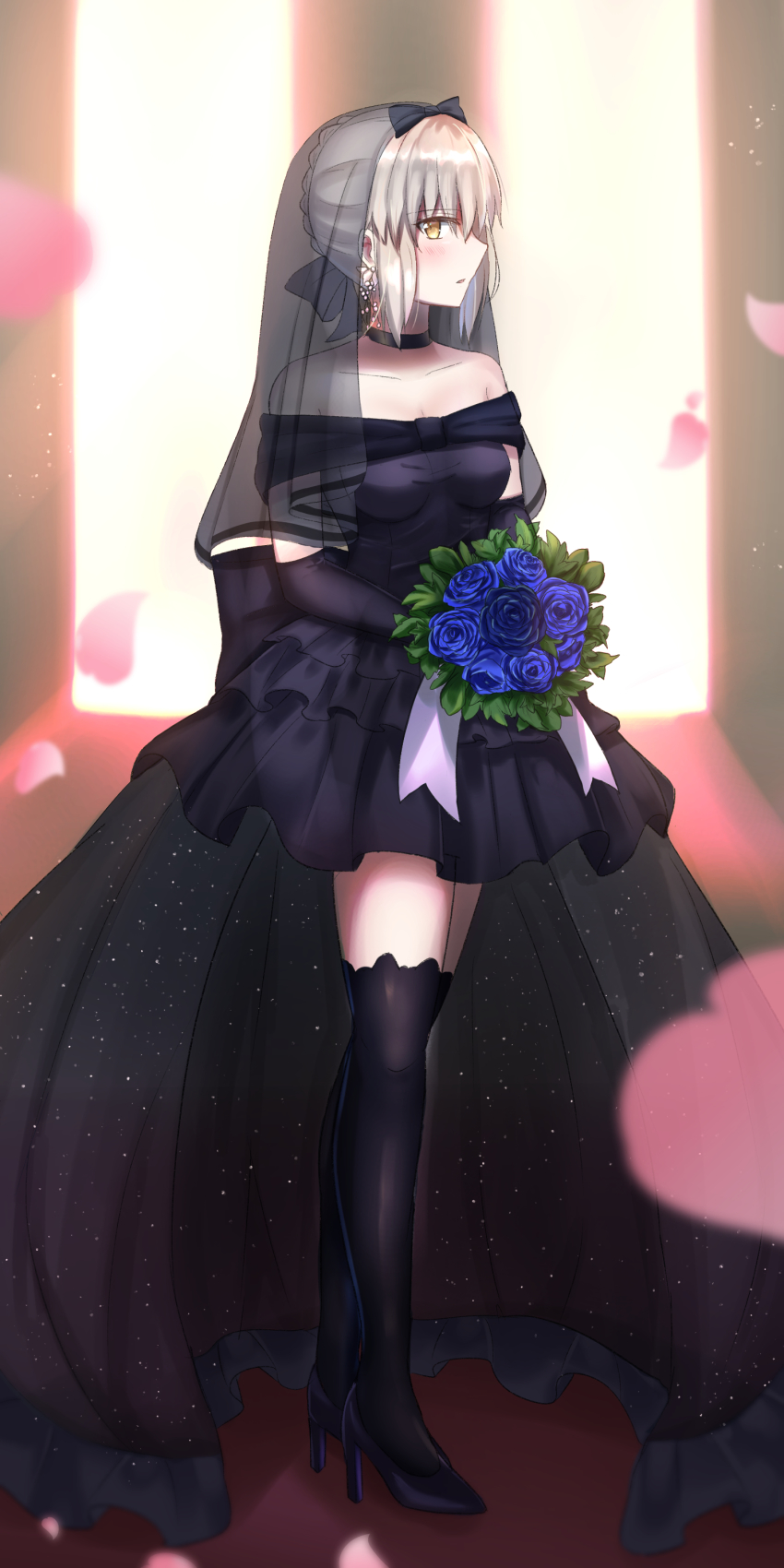 1girl absurdres artoria_pendragon_(fate) black_dress black_thighhighs bouquet braid breasts dress fate/grand_order fate/stay_night fate_(series) flower from_side hair_ribbon high_heels highres holding holding_bouquet holding_flower light looking_at_viewer petals ribbon saber_alter sii_artatm solo thighhighs veil wedding_dress