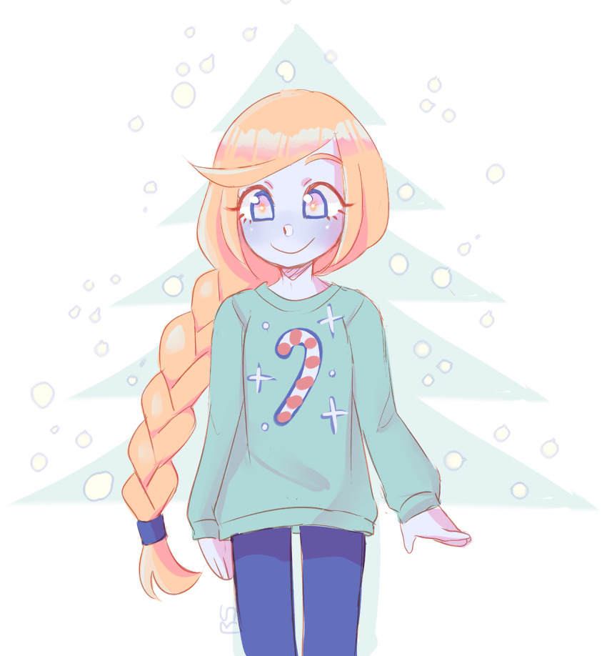 1girl alternate_costume blue_eyes blue_skin braid braided_ponytail bright_pupils candy_cane_print casual christmas christmas_sweater colored_skin cowboy_shot highres long_hair long_sleeves looking_at_viewer nintendo no_headwear orange_hair orange_pupils pokemon pokemon_usum print_sweater ryyy_(ryartchus) single_braid snow snowing solo sweater zossie_(pokemon)