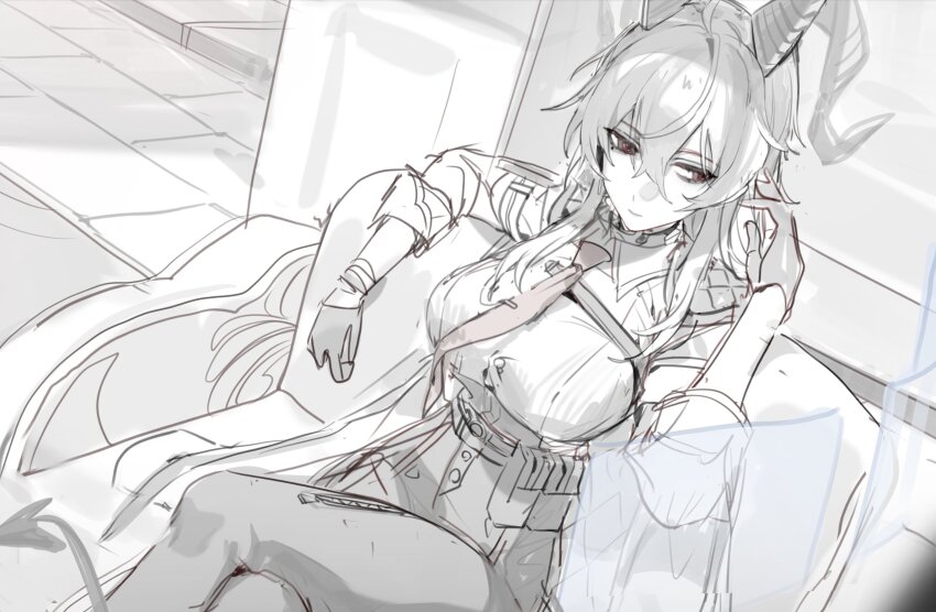 1girl absurdres black_horns breasts choker closed_mouth collared_shirt curled_horns flatshi gloves highres horns jewelry large_breasts necktie pants shirt sitting sketch solo unfinished white_shirt wuthering_waves zani_(wuthering_waves)