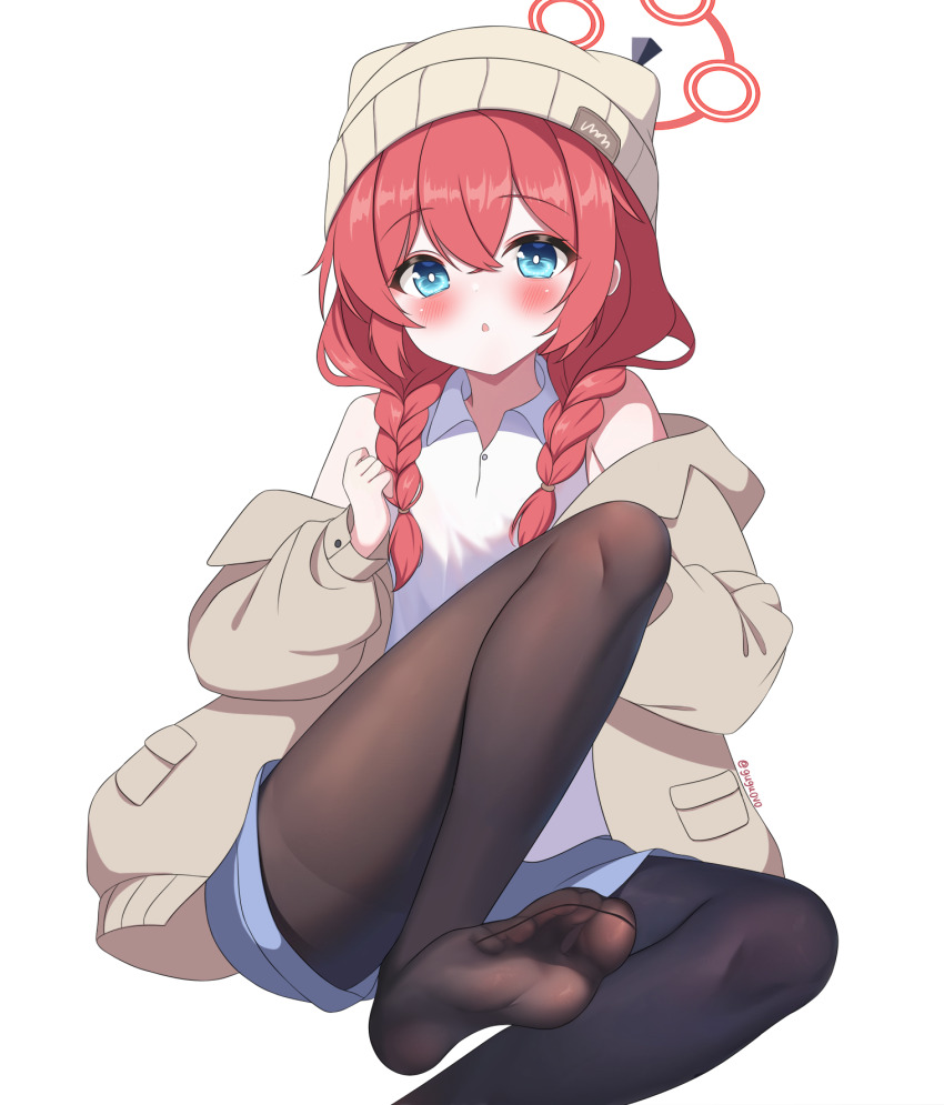 1girl :o animal_ear_headwear artist_name bare_shoulders beanie black_pantyhose blue_archive blue_shorts blush braid brown_hat brown_jacket collared_shirt commentary_request fake_animal_ears feet foot_out_of_frame gugu0v0 hair_between_eyes halo hat highres jacket long_hair long_sleeves looking_at_viewer maki_(blue_archive) maki_(camp)_(blue_archive) no_shoes off_shoulder official_alternate_costume official_alternate_hairstyle open_clothes open_jacket open_mouth pantyhose red_hair red_halo shirt shorts simple_background sleeveless sleeveless_shirt solo twin_braids twitter_username white_background white_shirt
