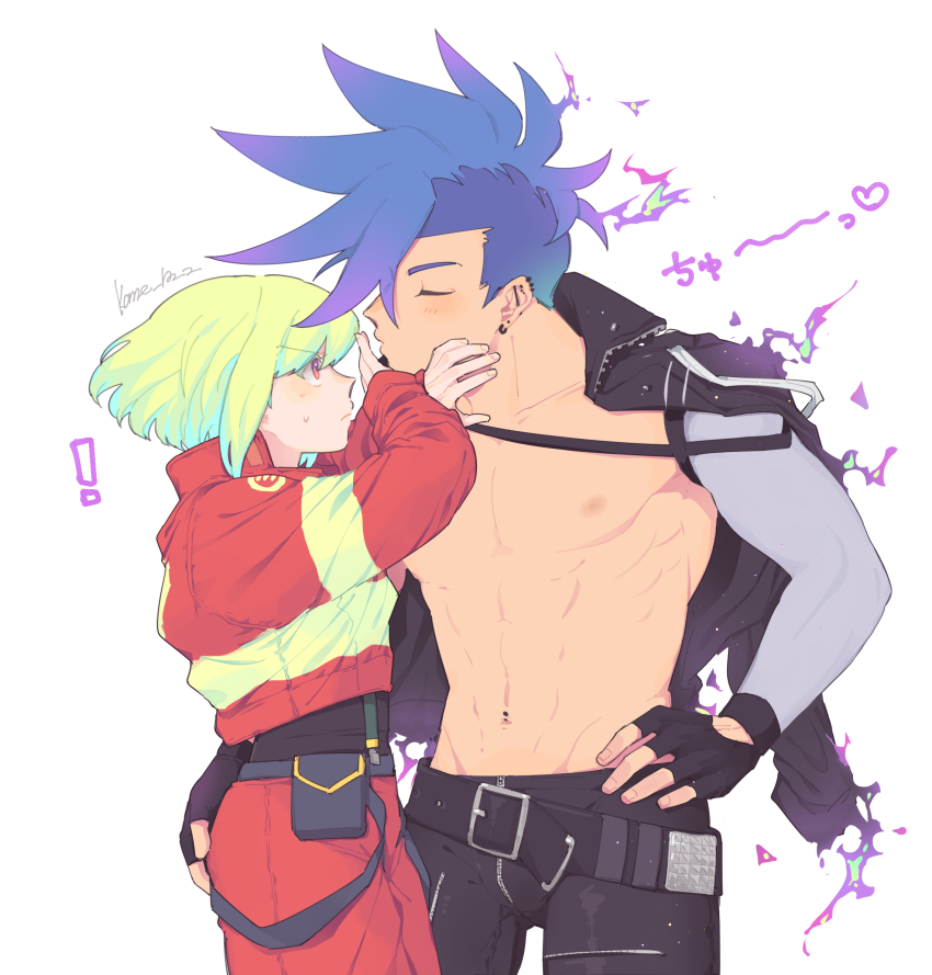 ! 2boys abs barbell_piercing bare_pectorals belt belt_buckle belt_pouch black_belt black_gloves black_jacket black_pants blue_hair buckle closed_eyes closed_mouth collarbone collared_jacket crossed_arms ear_piercing earrings firefighter_jacket galo_thymos glove_cutout gloves green_hair hand_on_another&#039;s_ass heart highres jacket jacket_on_shoulders jewelry kome_1022 lio_fotia long_sleeves male_focus mohawk multiple_boys multiple_earrings navel nervous_sweating nipples pants pectorals piercing pink_eyes pouch promare pursed_lips red_pants short_sideburns sweat toned toned_male white_background yaoi zipper