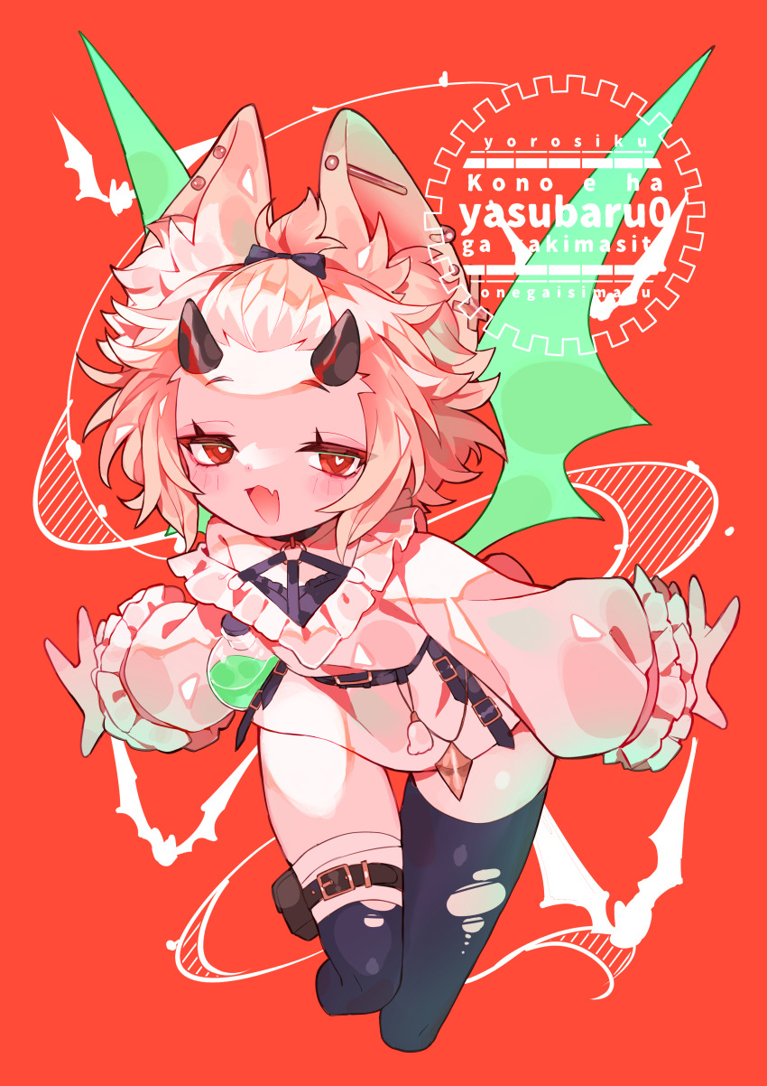 1girl :3 absurdres animal_ear_piercing animal_ears asymmetrical_legwear bandaged_leg bandages bangs_pinned_back barbell_piercing bat_ears bat_girl bat_wings belt black_belt black_horns black_thighhighs blonde_hair borrowed_character bright_pupils collar collared_halterneck commission cowboy_shot cropped_legs ear_piercing fang flask flipped_hair flying frilled_collar frills green_wings half-closed_eyes halterneck heart heart-shaped_pupils highres hip_flask horns industrial_piercing knees_together_feet_apart leaning_forward light_blush long_sleeves looking_at_viewer midair o-ring open_hands open_mouth original outstretched_arms petite piercing potion pouch raised_eyebrows red_background red_eyes second-party_source shirt simple_bat single_bare_shoulder skeb_commission skin_fang solo symbol-shaped_pupils thigh_pouch thighhighs topknot torn_clothes torn_thighhighs uneven_legwear v-neck watermark white_pupils white_shirt wings yasubaru zettai_ryouiki