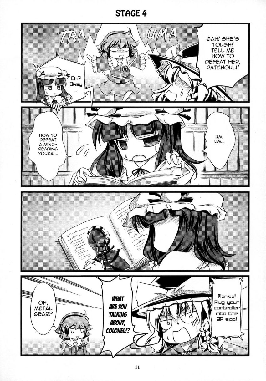 4girls 4koma book comic female_focus greyscale hard-translated highres kirisame_marisa komeiji_satori kurinton metal_gear_(series) monochrome multiple_girls patchouli_knowledge psycho_mantis third-party_edit touhou translated