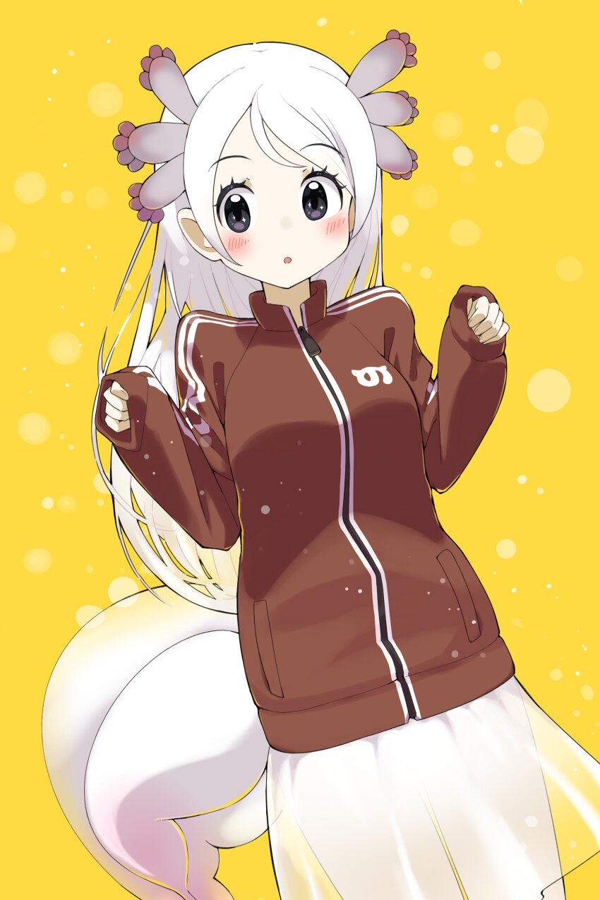 1girl absurdres alternate_costume blush grey_eyes high_collar highres iwa_(iwafish) jacket japari_symbol kemono_friends kemono_friends_3 lizard_tail long_hair mexico_salamander_(kemono_friends) red_jacket reptile_girl see-through_clothes see-through_skirt skirt solo tail track_jacket white_hair