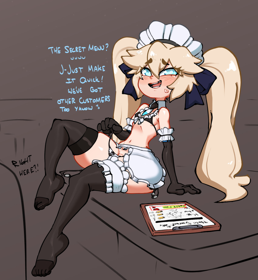 1girl apron aqua_eyes bikini black_thighhighs blonde_hair blush elbow_gloves english_text frilled_armlet frilled_bikini frilled_thighlet frills gloves hair_between_eyes highres jellot last_origin long_hair maid maid_headdress menu mesugaki navel on_table partially_colored revealing_clothes solo sweatdrop swimsuit table thetis_(last_origin) thighhighs twintails undressing very_long_hair