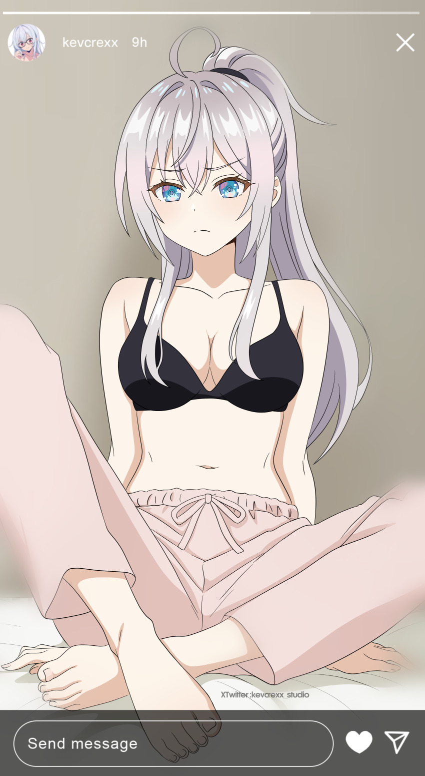 1girl absurdres alisa_mikhailovna_kujou bare_shoulders blue_eyes blush breasts commentary english_commentary grey_hair highres indoors kevcrexx long_hair looking_at_viewer medium_breasts mixed-language_commentary navel pants pink_pants ponytail sitting solo tokidoki_bosotto_roshia-go_de_dereru_tonari_no_alya-san user_interface