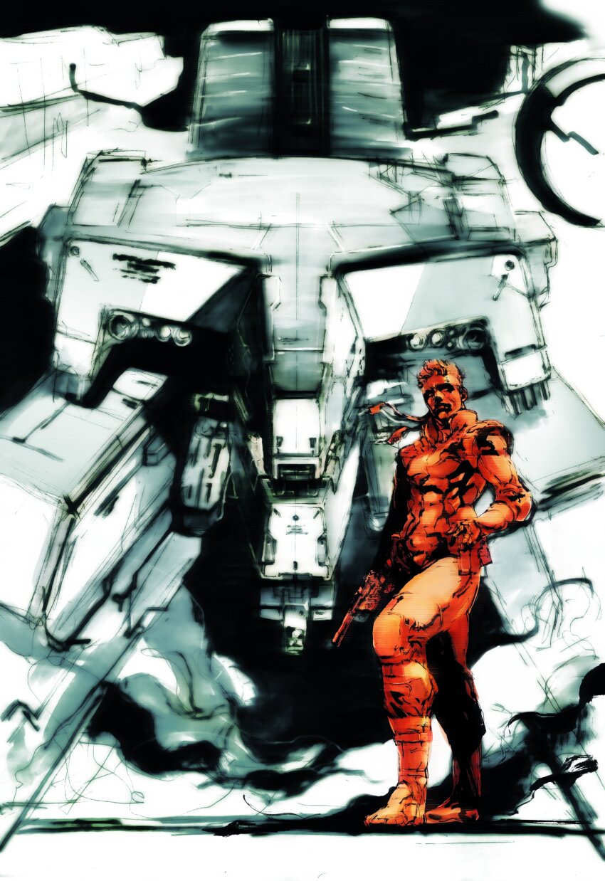 1boy absurdres bandana gloves gun h&amp;k_mark_23 handgun headband highres holding holding_gun holding_weapon looking_to_the_side male_focus mecha metal_gear_(robot) metal_gear_(series) metal_gear_rex metal_gear_solid official_art robot short_hair sneaking_suit solid_snake solo sorimura_youji weapon