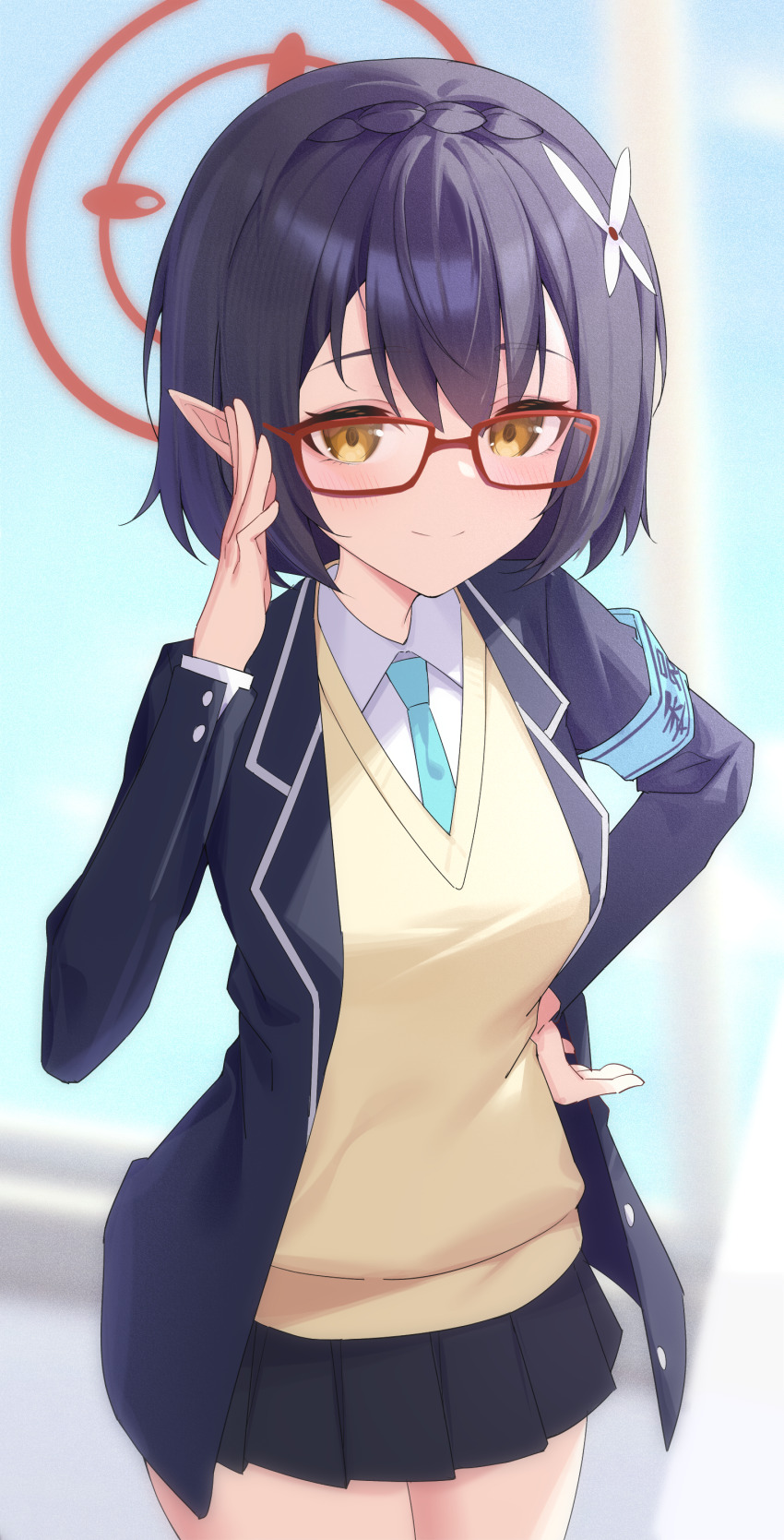 1girl absurdres aqua_necktie ayane_(blue_archive) black_skirt blue_archive blue_hair blue_jacket braid breasts closed_mouth cowboy_shot flower glasses hair_flower hair_ornament halo hand_up highres jacket jei_(user_tckk7448) light_blush necktie pointy_ears red_halo short_hair skirt smile yellow_eyes