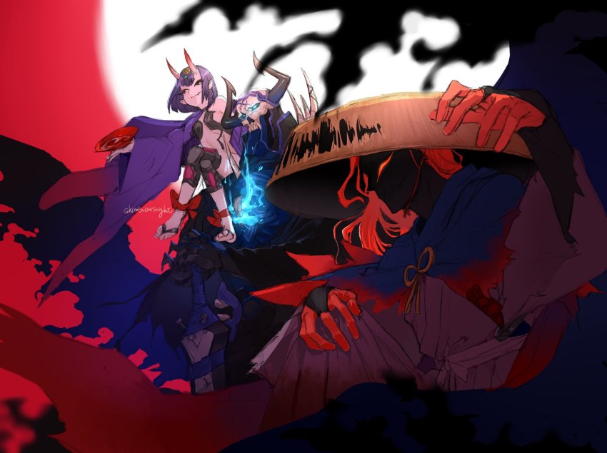 armor bare_shoulders barefoot_sandals_(jewelry) black_cloak blue_fire bob_cut breasts cloak cup fate/grand_order fate_(series) fingerless_gloves fire from_side full_moon gloves glowing glowing_eyes hair_over_one_eye hat highres holding holding_weapon horns japanese_clothes k_(chissaiossan) kimono king_hassan_(fate) koha-ace long_hair long_sleeves makeup male_focus mask moon multiple_boys okada_izou_(fate) okada_izou_(second_ascension)_(fate) on_shoulder oni open_clothes open_kimono planted ponytail purple_eyes purple_hair purple_kimono red_background red_eyes red_hair revealing_clothes sakazuki sandogasa scarf short_eyebrows short_hair shuten_douji_(fate) skin-covered_horns skull skull_mask small_breasts smile spikes sword weapon