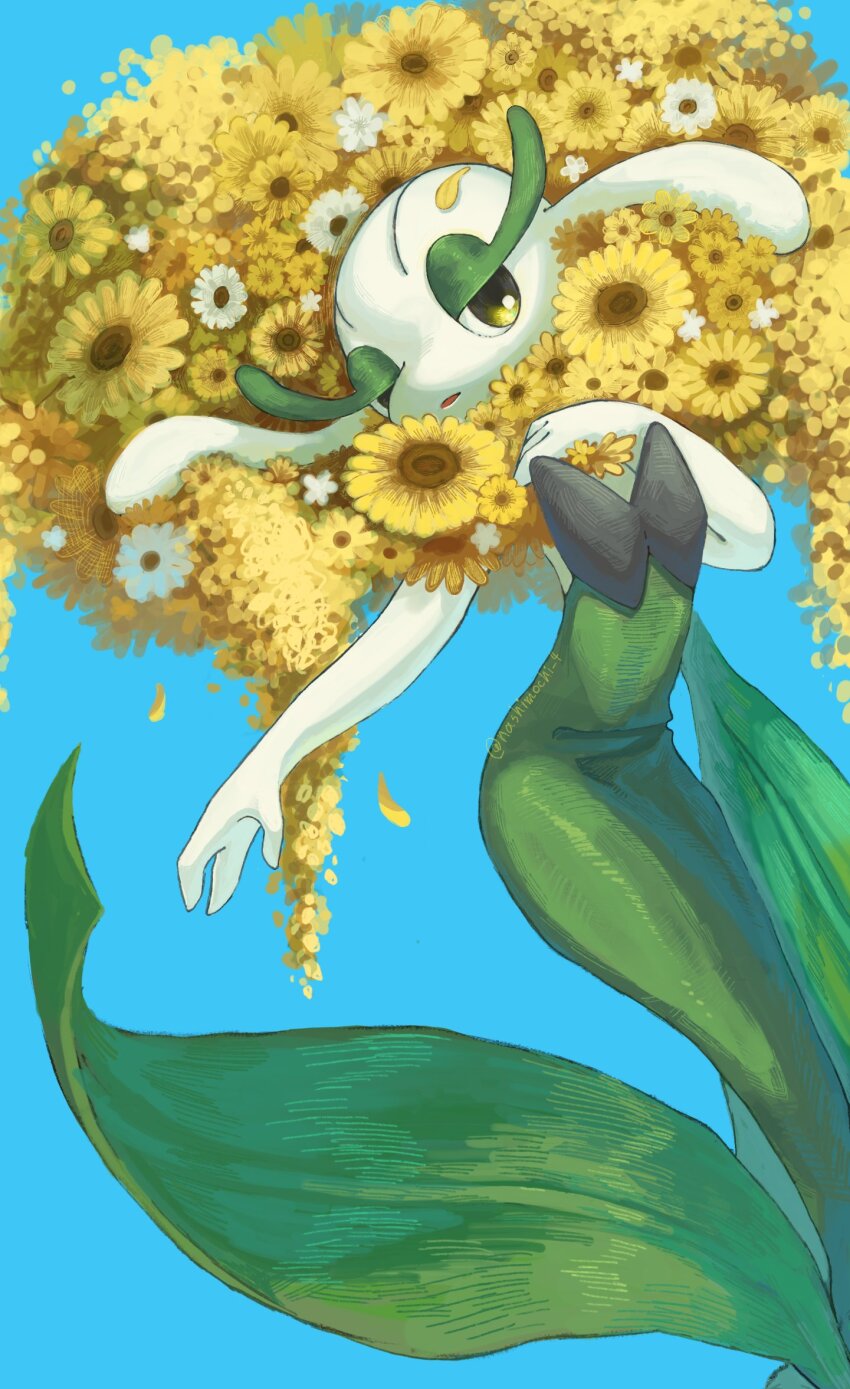 blue_background colored_skin commentary_request falling_petals florges flower from_below gen_6_pokemon hand_up highres looking_down nashimochi_4 nintendo parted_lips petals pokemon pokemon_(creature) solo twitter_username white_skin yellow_eyes yellow_flower