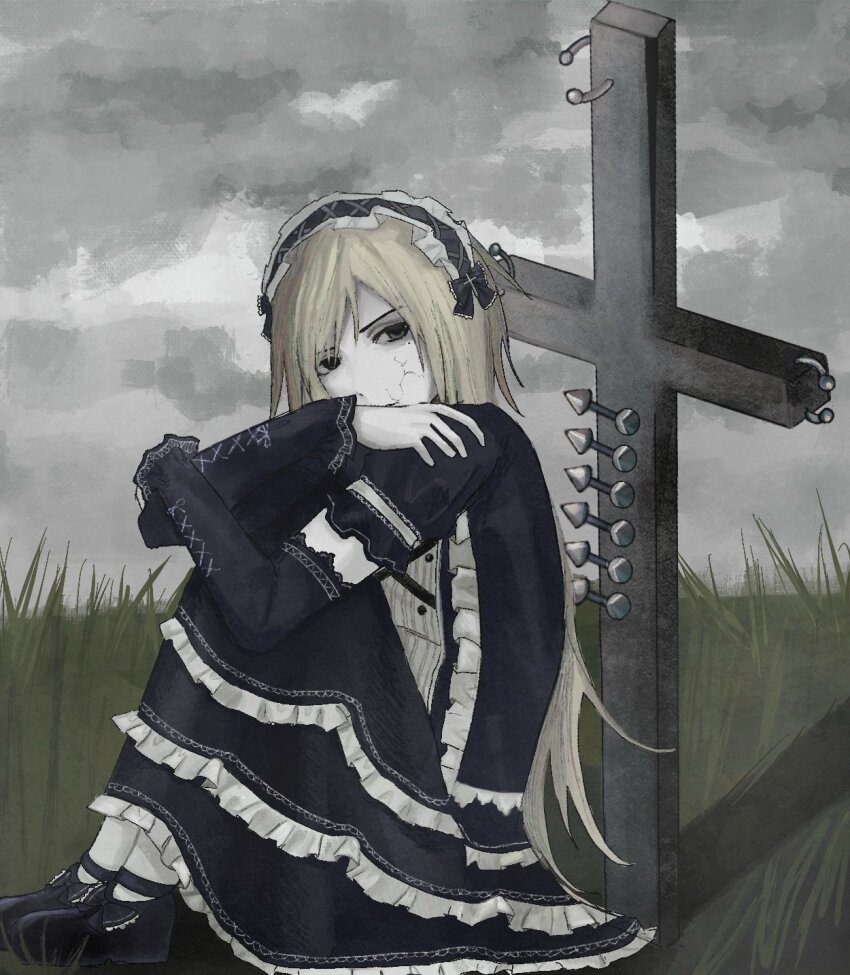 1girl bkn_ssss black_dress bow dress frilled_dress frilled_hairband frills gothic_lolita hairband highres lolita_fashion lolita_hairband long_hair long_sleeves looking_at_viewer original ribbon solo very_long_hair