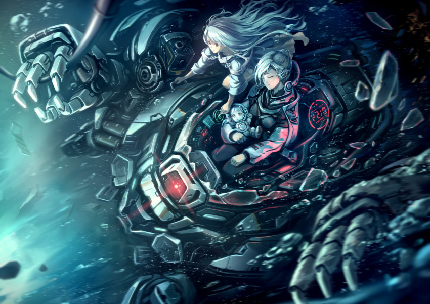 1other 2girls air_bubble arm_on_knee baby barefoot behind-the-head_headphones bubble cable carrying_baby carrying_person closed_eyes cockpit commentary completion_time countdown_timer crack cracked_glass determined dress floating_hair glass_cockpit glass_shards glowing grey_hair headphones highres long_hair long_sleeves making-of_available mecha motion_blur multiple_girls orange_eyes original red_eyes robot science_fiction sitting soraizumi swept_bangs topknot unconscious underwater white_hair