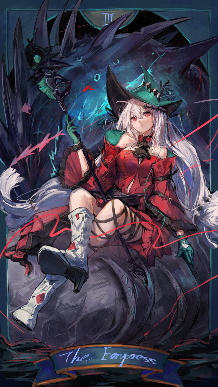 1girl absurdres arknights ascot bare_shoulders black_ascot boots breasts closed_mouth commentary detached_sleeves dress english_commentary full_body gloves green_gloves green_hat hat highres holding holding_staff karenncat large_breasts long_hair official_alternate_costume red_dress red_eyes red_sleeves sitting skadi_(arknights) skadi_the_corrupting_heart_(arknights) solo staff tarot the_empress_(tarot) white_boots white_hair