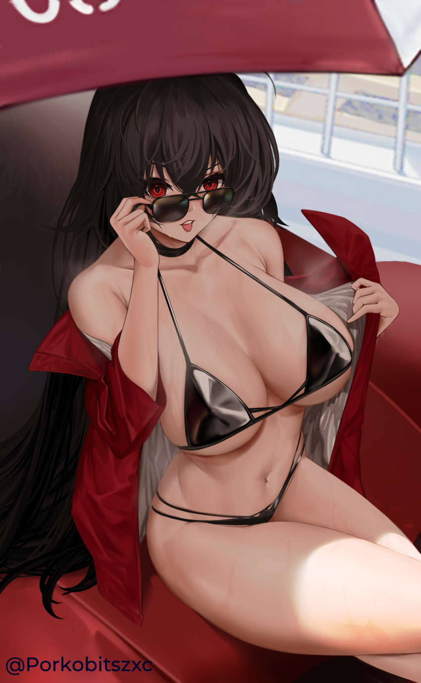 1girl absurdres adjusting_eyewear azur_lane bare_shoulders bikini black_bikini black_choker black_hair breasts choker cleavage collarbone hair_between_eyes halterneck highres jacket large_breasts long_hair looking_at_viewer looking_over_eyewear multi-strapped_bikini_bottom navel off_shoulder official_alternate_costume open_clothes open_jacket open_mouth porko race_queen red_eyes red_jacket sitting solo stomach sunglasses swimsuit taihou_(azur_lane) taihou_(enraptured_companion)_(azur_lane) thighs tongue tongue_out twitter_username umbrella very_long_hair