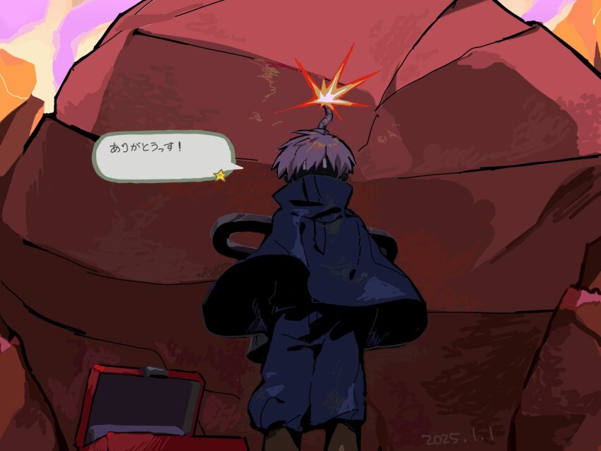1boy blue_jacket bobby_(paper_mario) bomb boulder brown_footwear dated explosive grey_hair highres humanization jacket lit_fuse mario_(series) nintendo open_box paper_mario paper_mario:_the_origami_king spaited speech_bubble suicide white_eyes