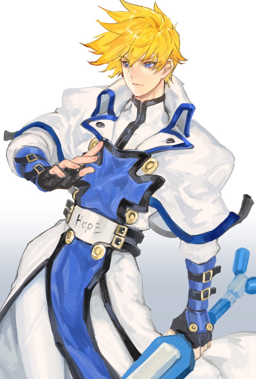 1boy arm_belt arm_up belt belt_buckle black_belt blonde_hair blue_eyes buckle closed_mouth coat collared_coat commentary_request cowboy_shot elbow_gloves english_text fingerless_gloves gloves guilty_gear hair_between_eyes high_collar highres holding holding_sword holding_weapon kin_mokusei ky_kiske lapels long_coat looking_ahead male_focus multicolored_coat multicolored_gloves multiple_belts short_hair simple_background solo sword weapon white_background wing_collar