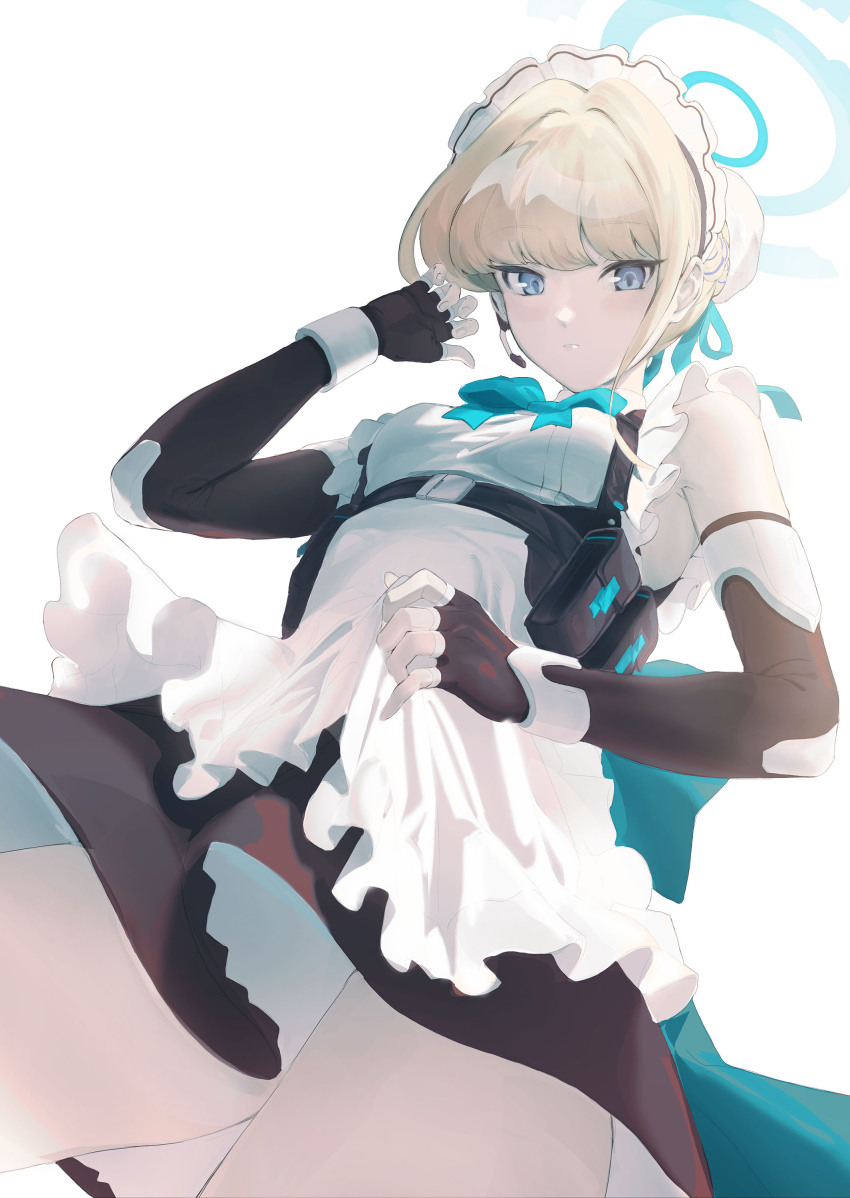 1girl absurdres bare_shoulders black_gloves blonde_hair blue_archive blue_eyes blue_halo braid breasts chest_harness earpiece elbow_gloves fingerless_gloves gloves hair_bun half_up_braid halo harness highres maid_headdress short_hair sieru single_hair_bun small_breasts solo toki_(blue_archive) white_background